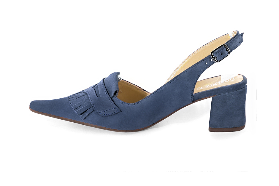 French elegance and refinement for these denim blue dress slingback shoes, 
                available in many subtle leather and colour combinations. Fans of originality will appreciate the fringes and the "Offbeat Rock" side.
To be personalized or not, with your materials and colors.  
                Matching clutches for parties, ceremonies and weddings.   
                You can customize these shoes to perfectly match your tastes or needs, and have a unique model.  
                Choice of leathers, colours, knots and heels. 
                Wide range of materials and shades carefully chosen.  
                Rich collection of flat, low, mid and high heels.  
                Small and large shoe sizes - Florence KOOIJMAN